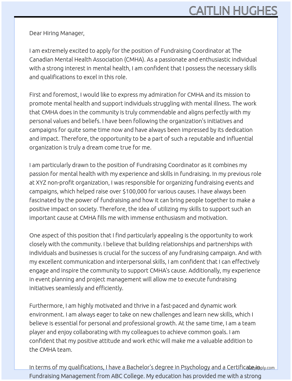  Fundraising Coordinator  At The Canadian Mental Health Association (CMHA) Cover Letter