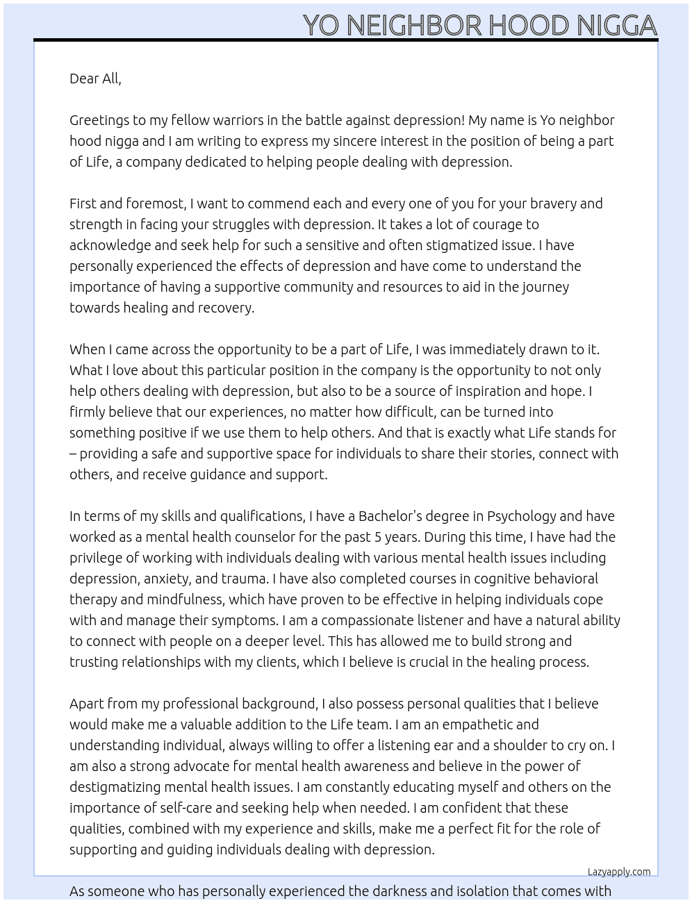 All people dealing with depression  At Life Cover Letter