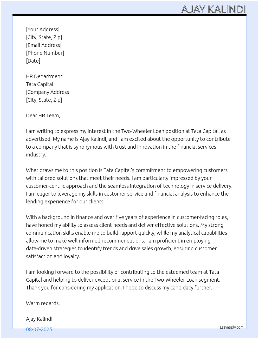 Two wheeler loan At Tata capital Cover Letter