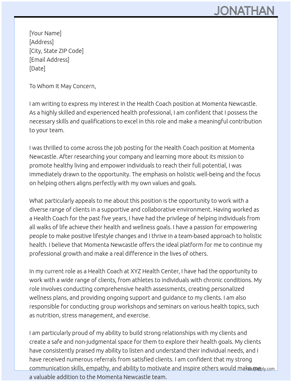 Health Coach At Momenta Newcastle  Cover Letter