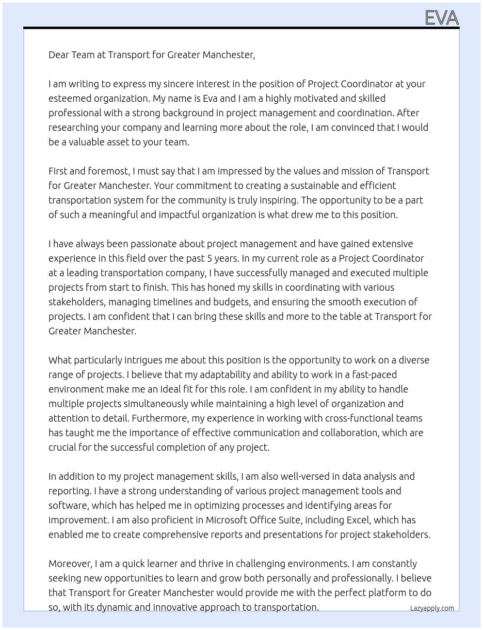 project coordinator At Transport for Greater Manchester Cover Letter