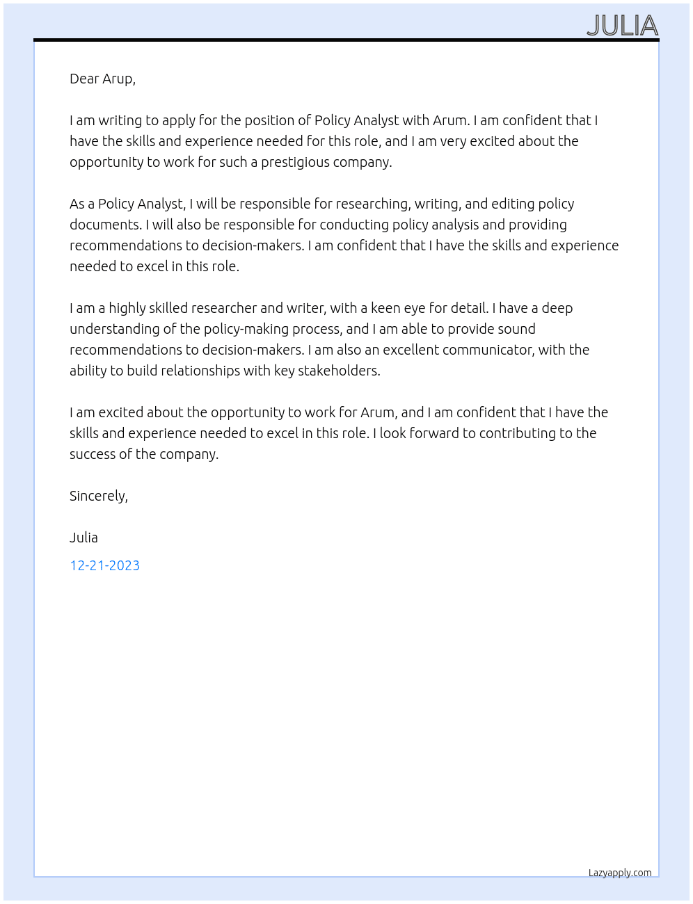Policy Analyst At Arum Cover Letter