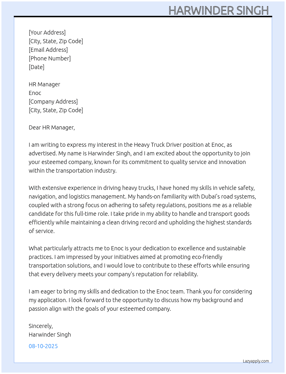 Heavy truck driver  At Enoc Cover Letter