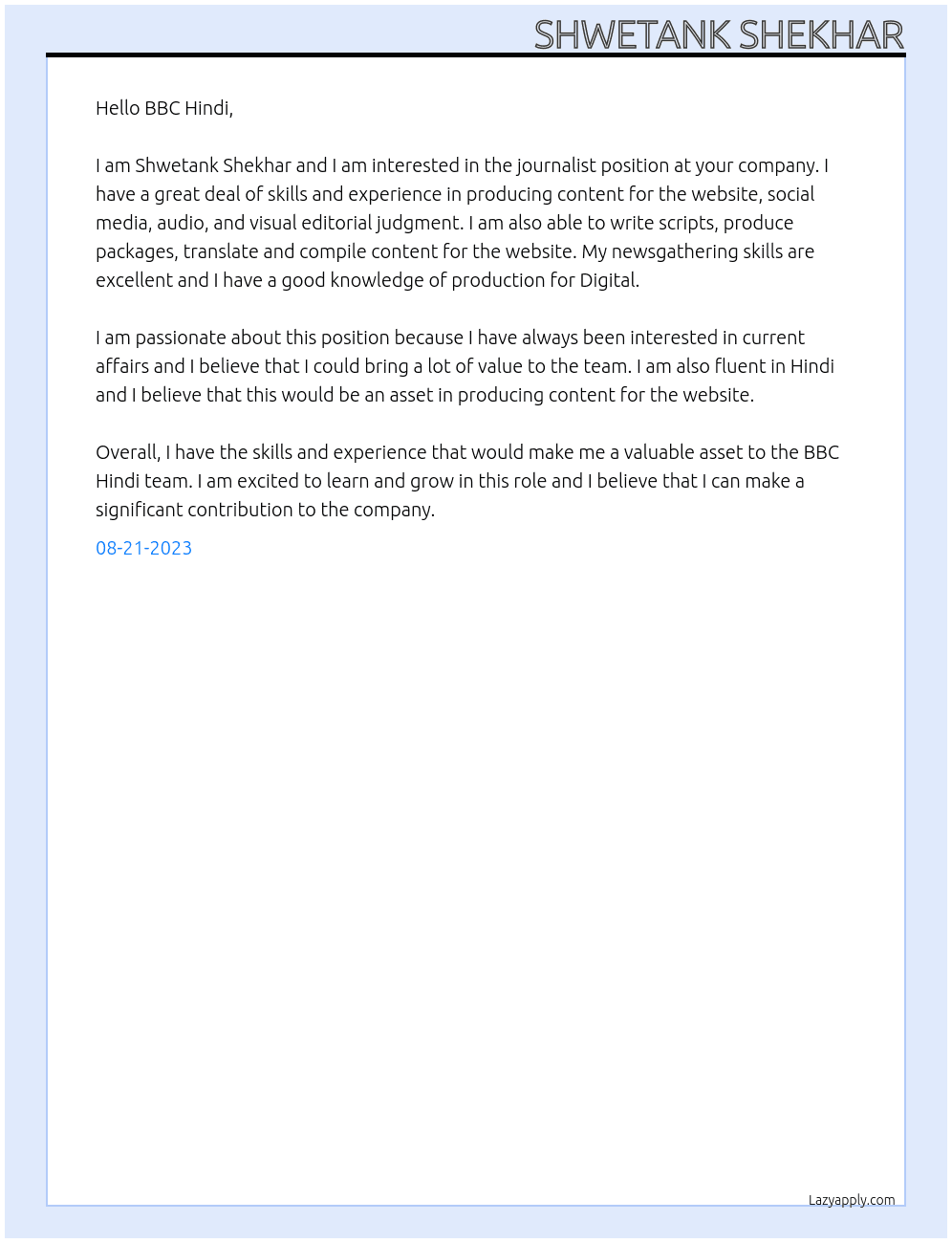 Journalist  At BBC Hindi  Cover Letter