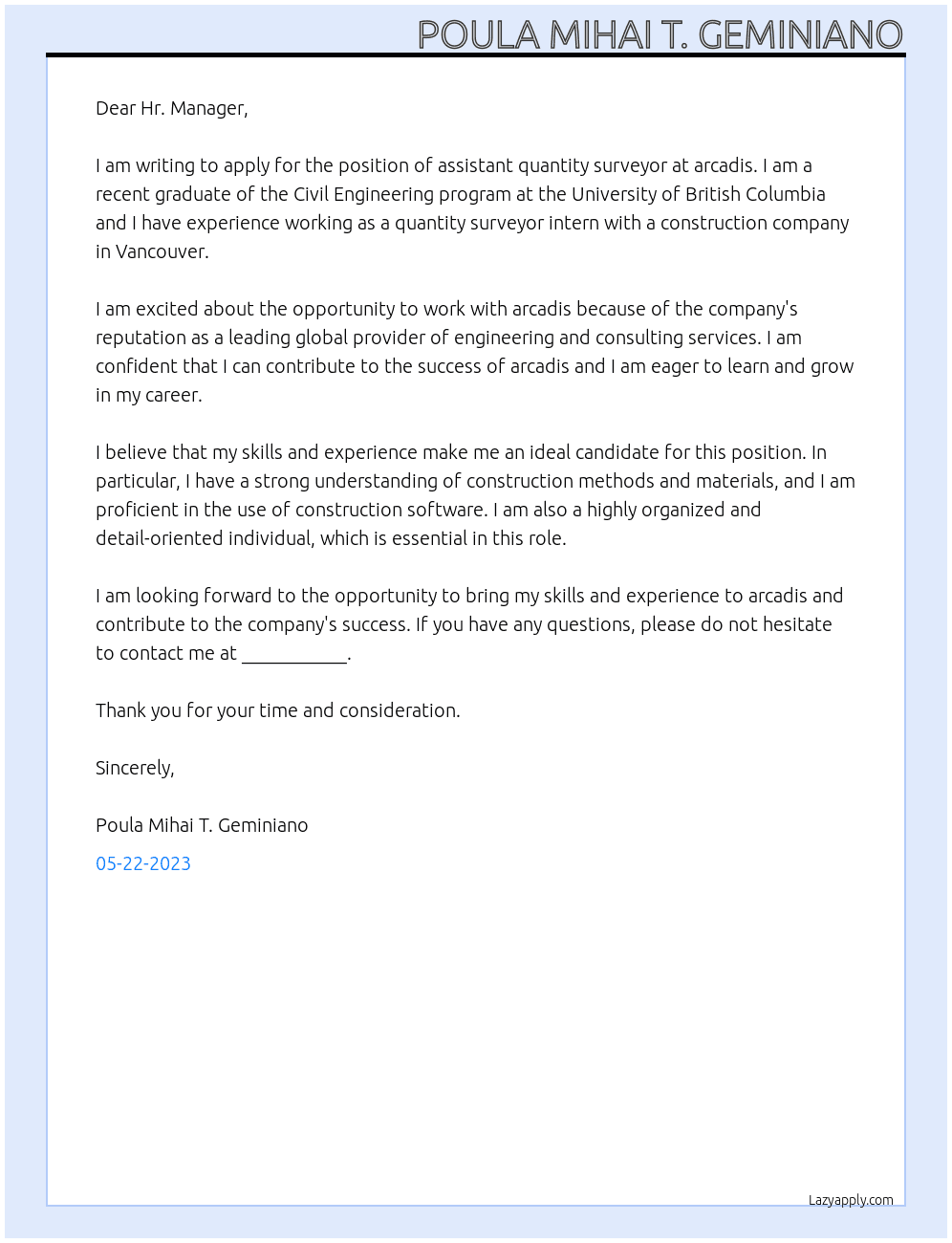assistant quantity surveyor At arcadis Cover Letter