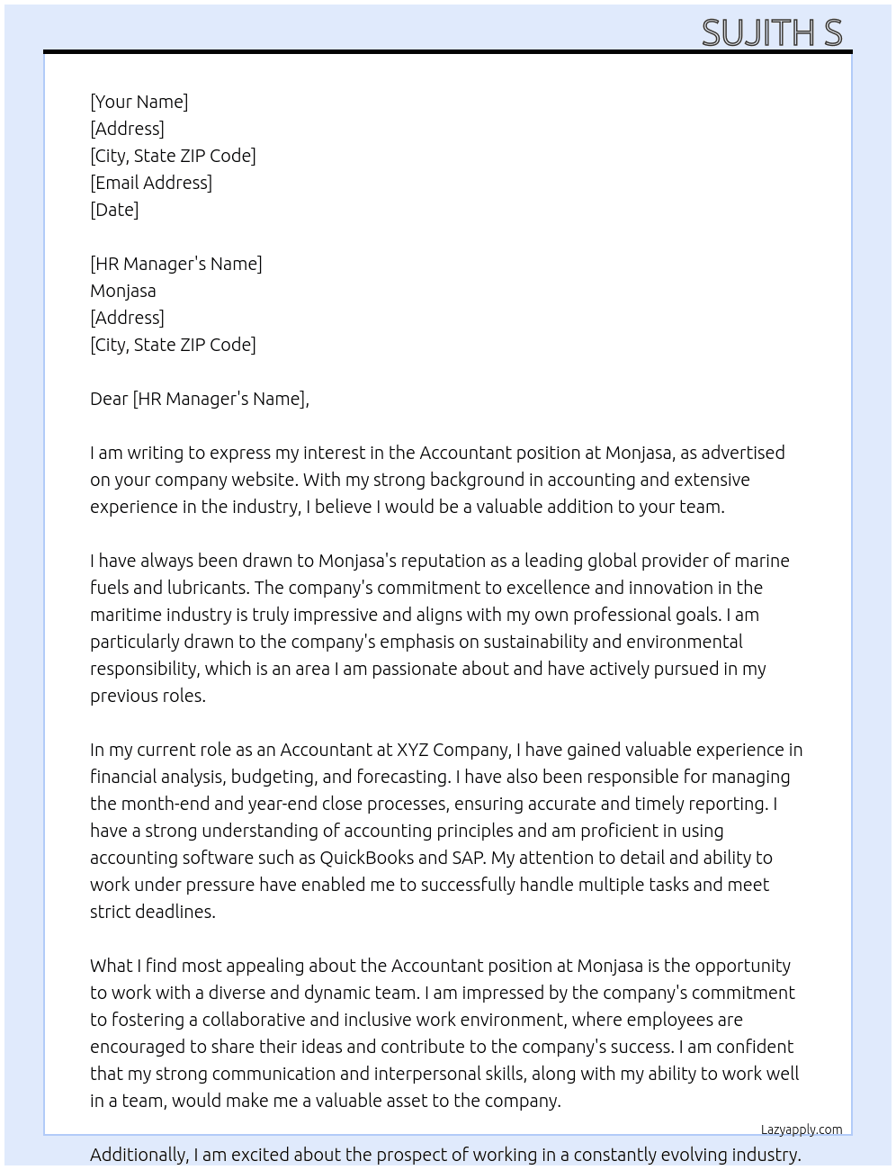Accountant  At Monjasa Cover Letter
