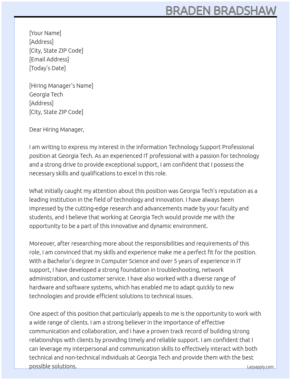 Information Technology Support Professional  At Georgia Tech  Cover Letter