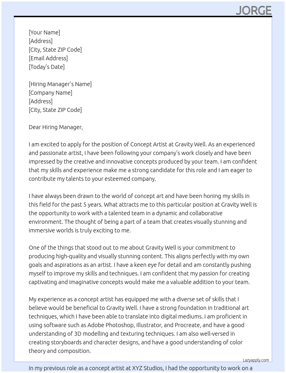 concept artist At gravity well Cover Letter