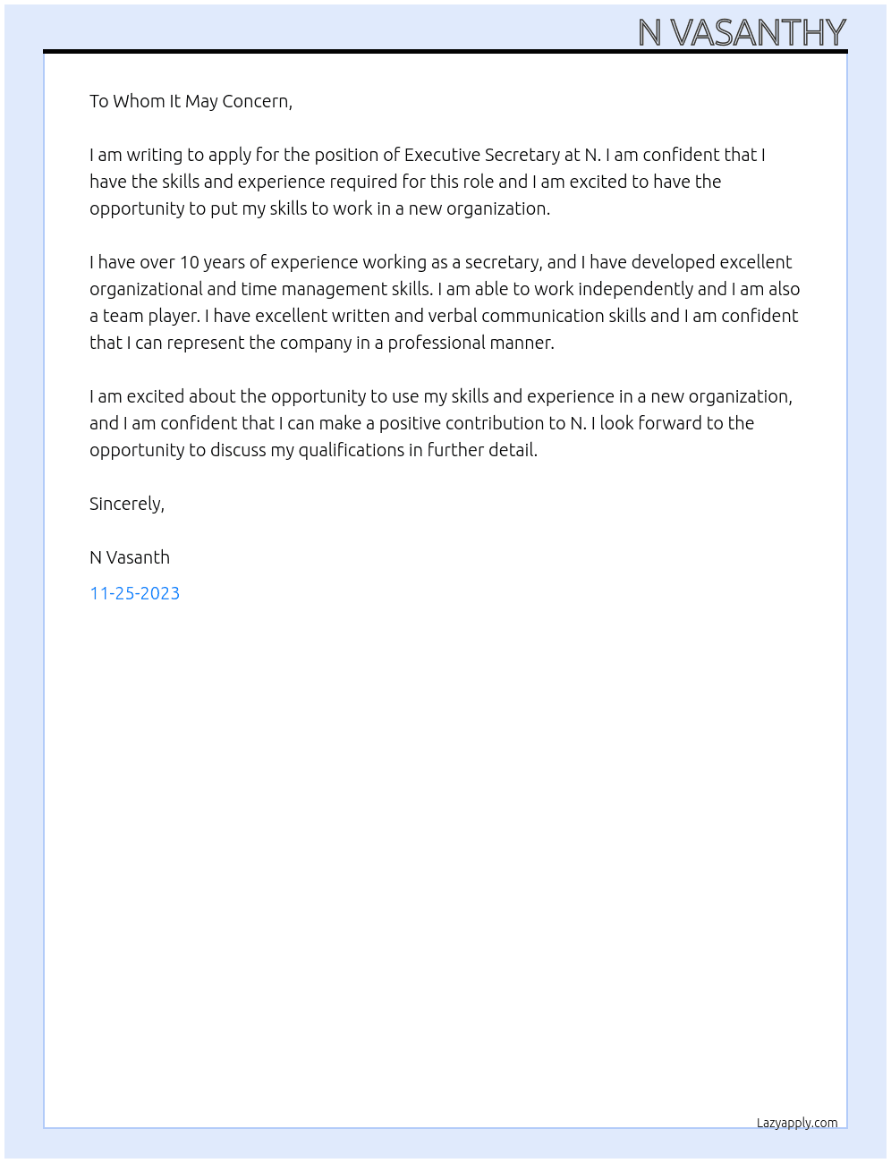 executive secretary At N Cover Letter