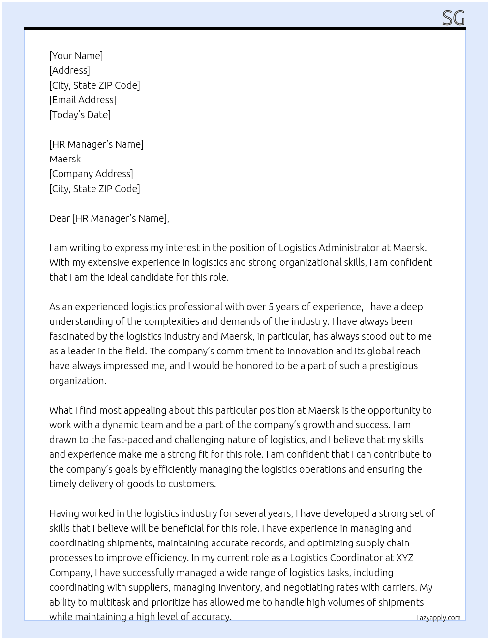 Logistics Administrator At Maersk Cover Letter