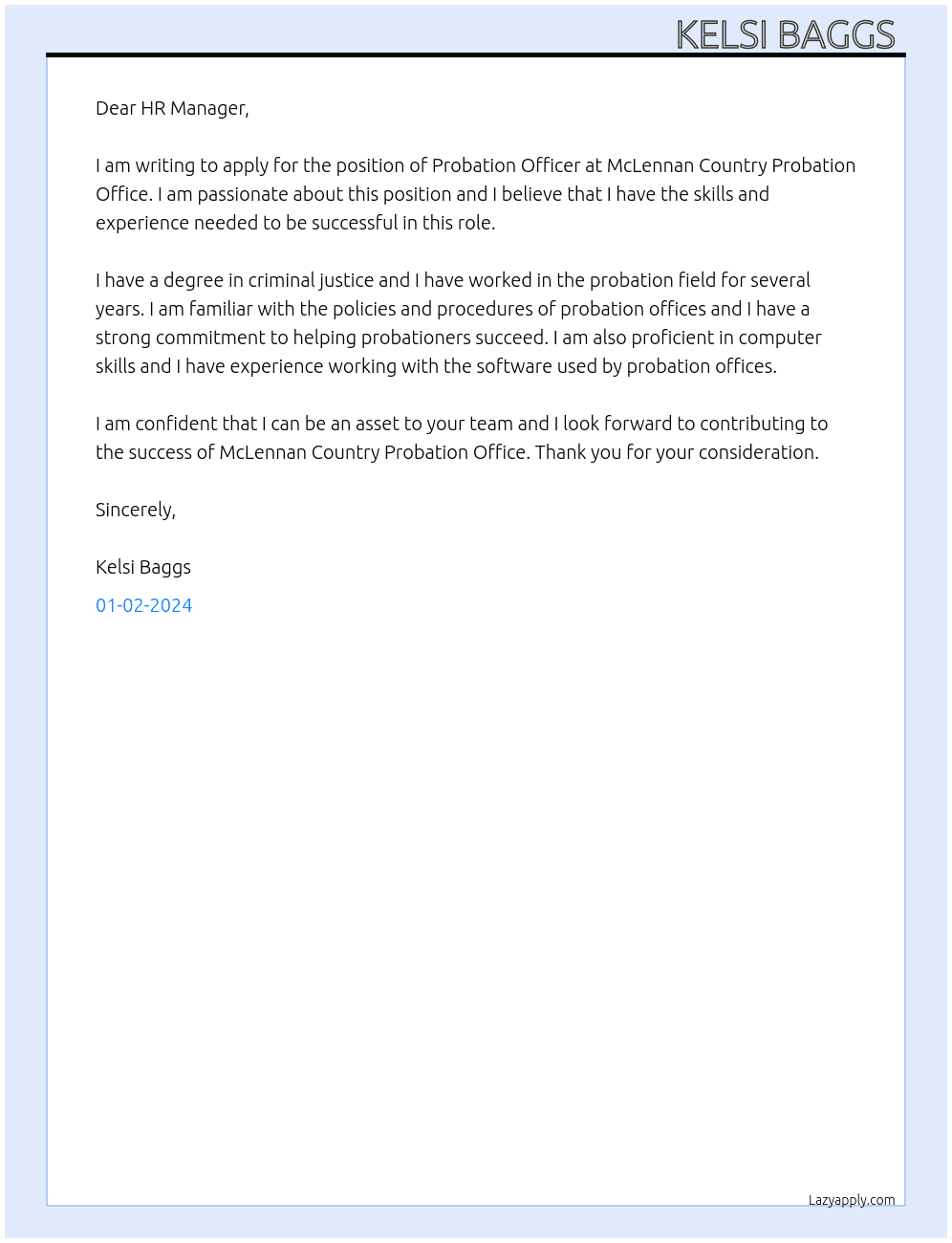 Probation Officer At McLennan Country Probation Office Cover Letter