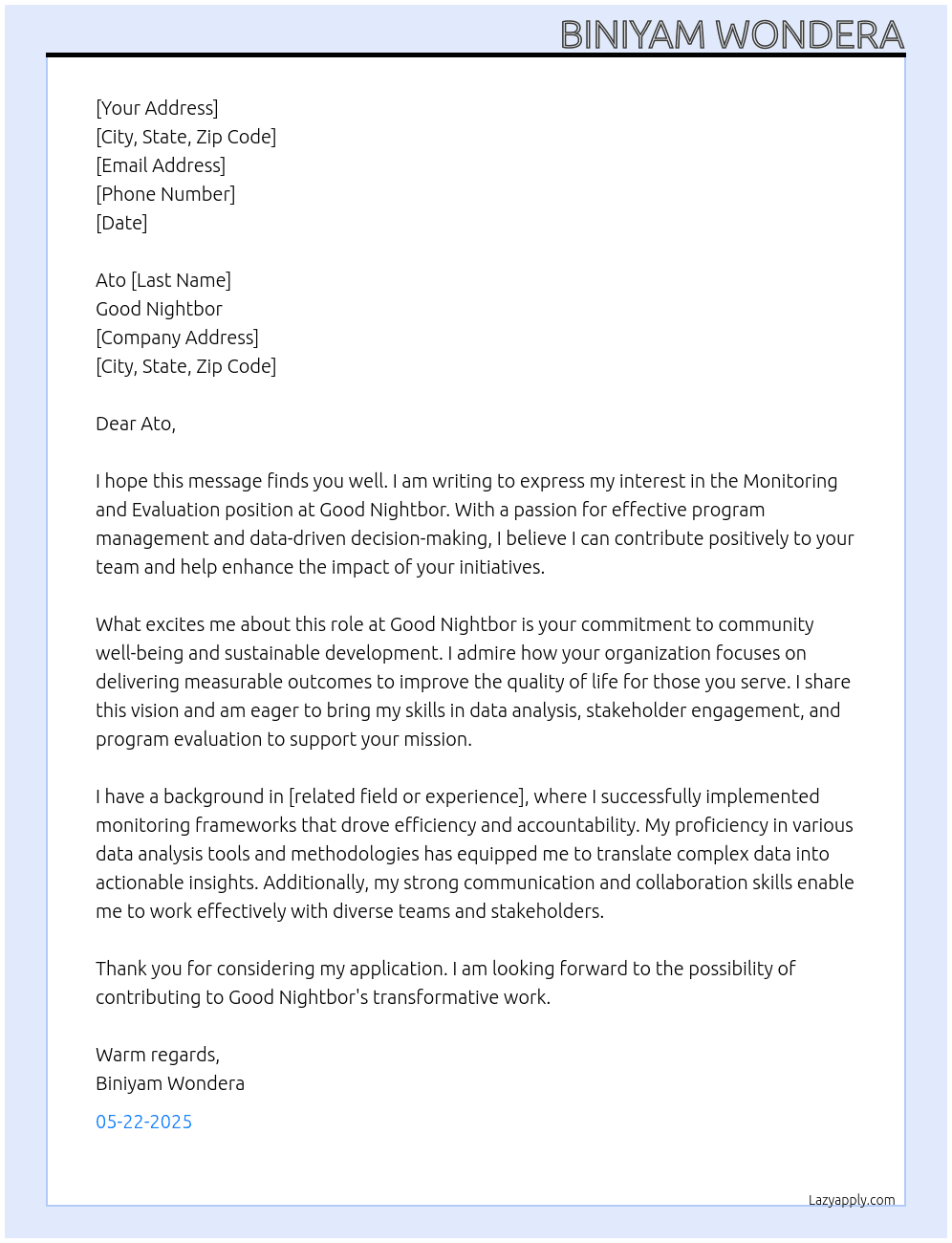 Monitoring and evaluation At Good nightbor Cover Letter