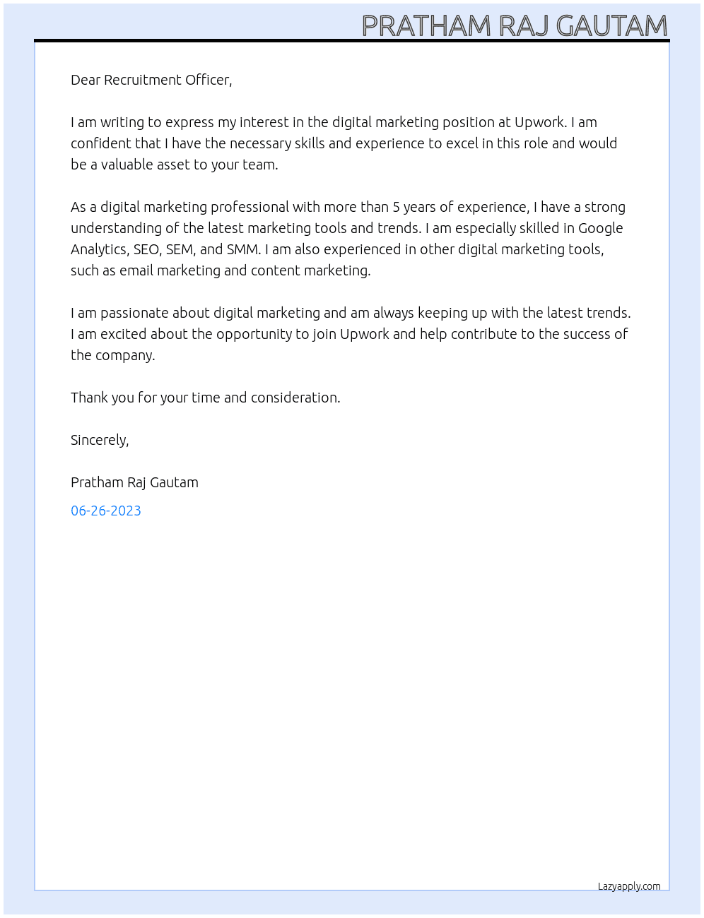 Digital marketer At upwork Cover Letter