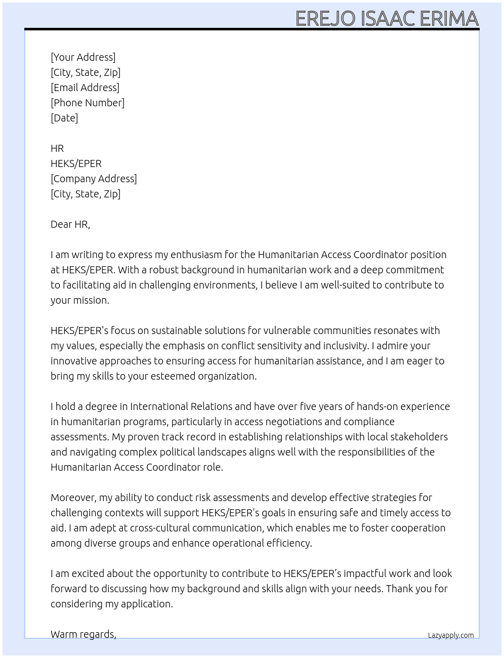 Humanitarian Access Coordinator, DRC, 100% At HEKS / EPER   Cover Letter