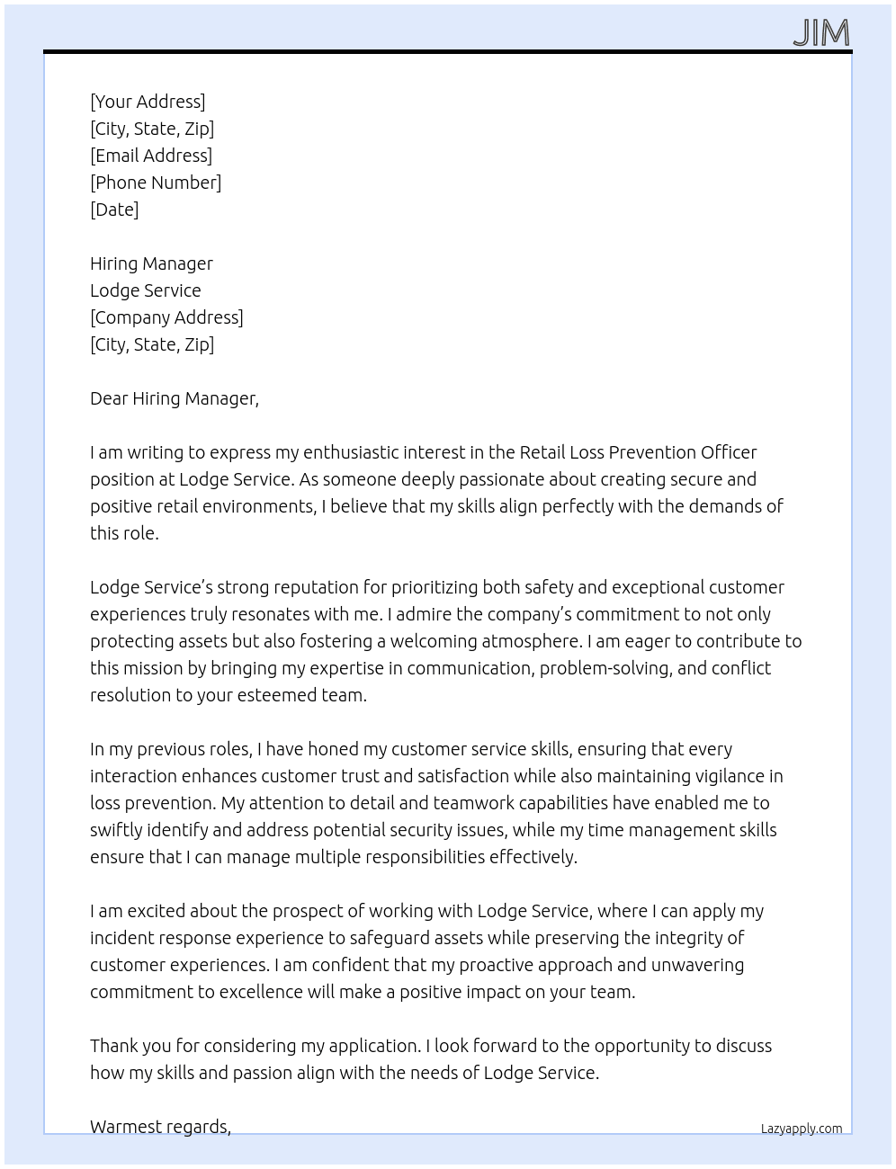 Retail Loss Prevention Officer At Lodge Service  Cover Letter
