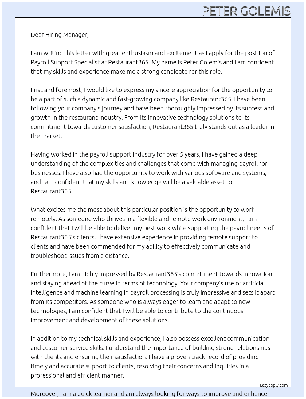 Payroll Support Specialist At Restaurant365 Cover Letter