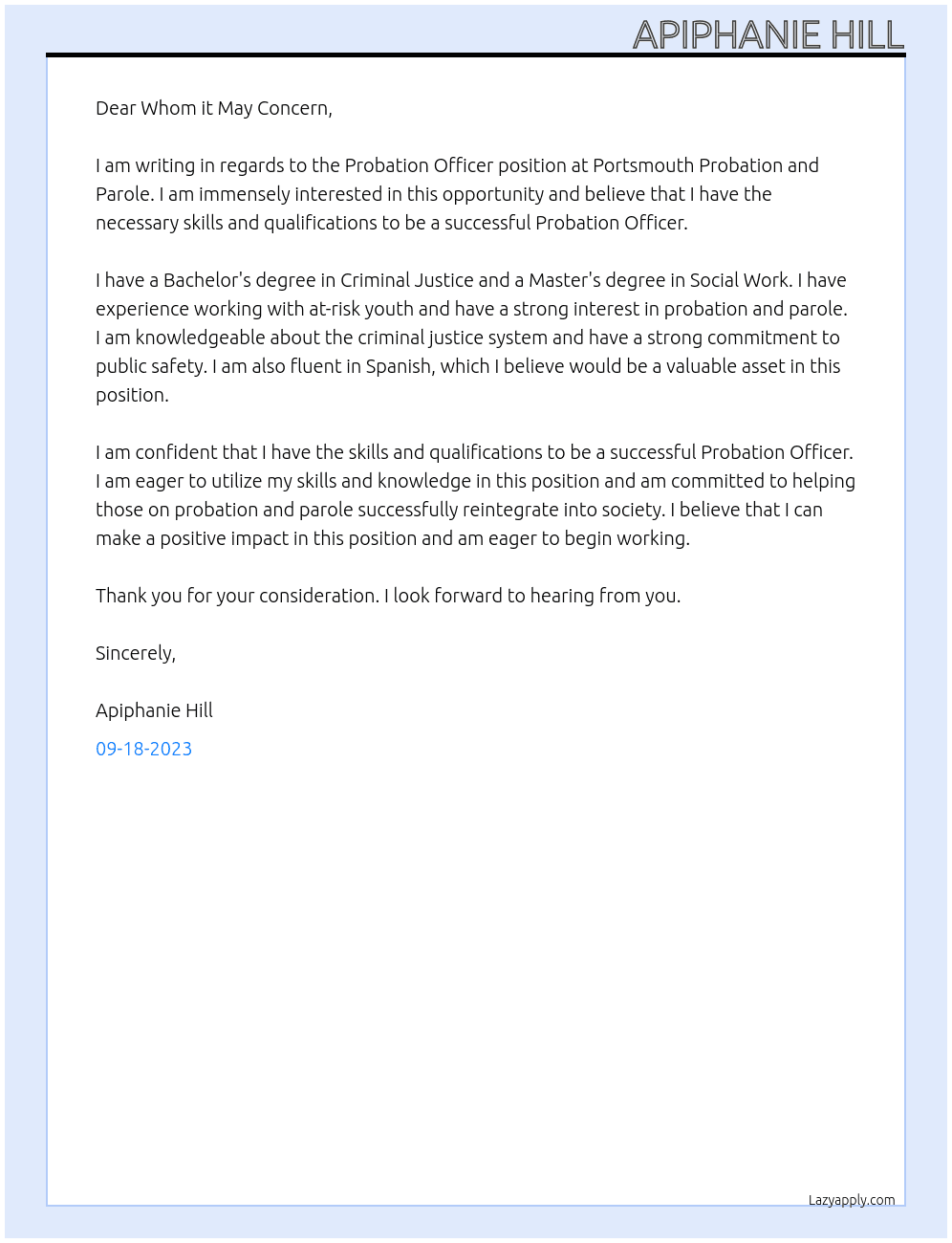 Probation Officer At Portsmouth Probation and Parole Cover Letter