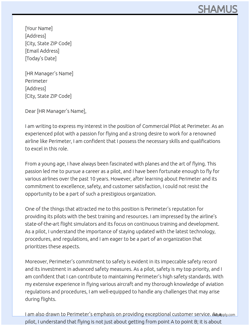 Commercial Pilot At Perimeter Cover Letter