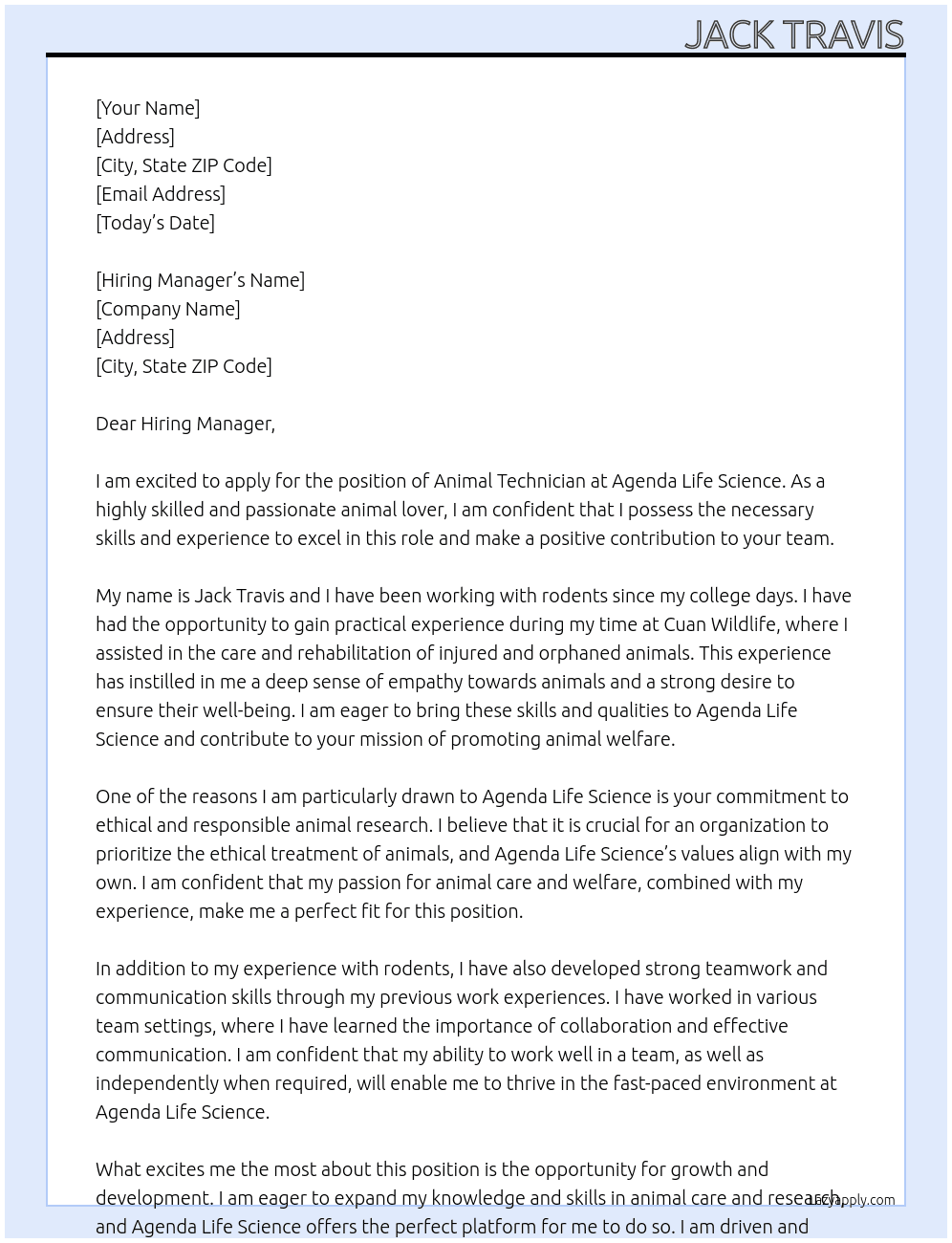 Animal Technician  At Agenda Life Science  Cover Letter