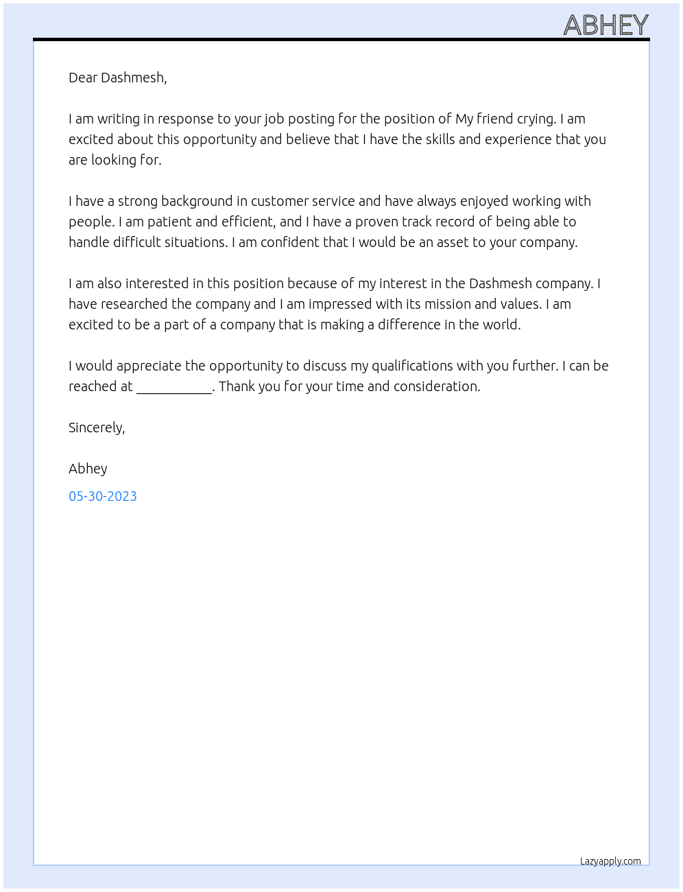 My friend crying At Dashmesh Cover Letter