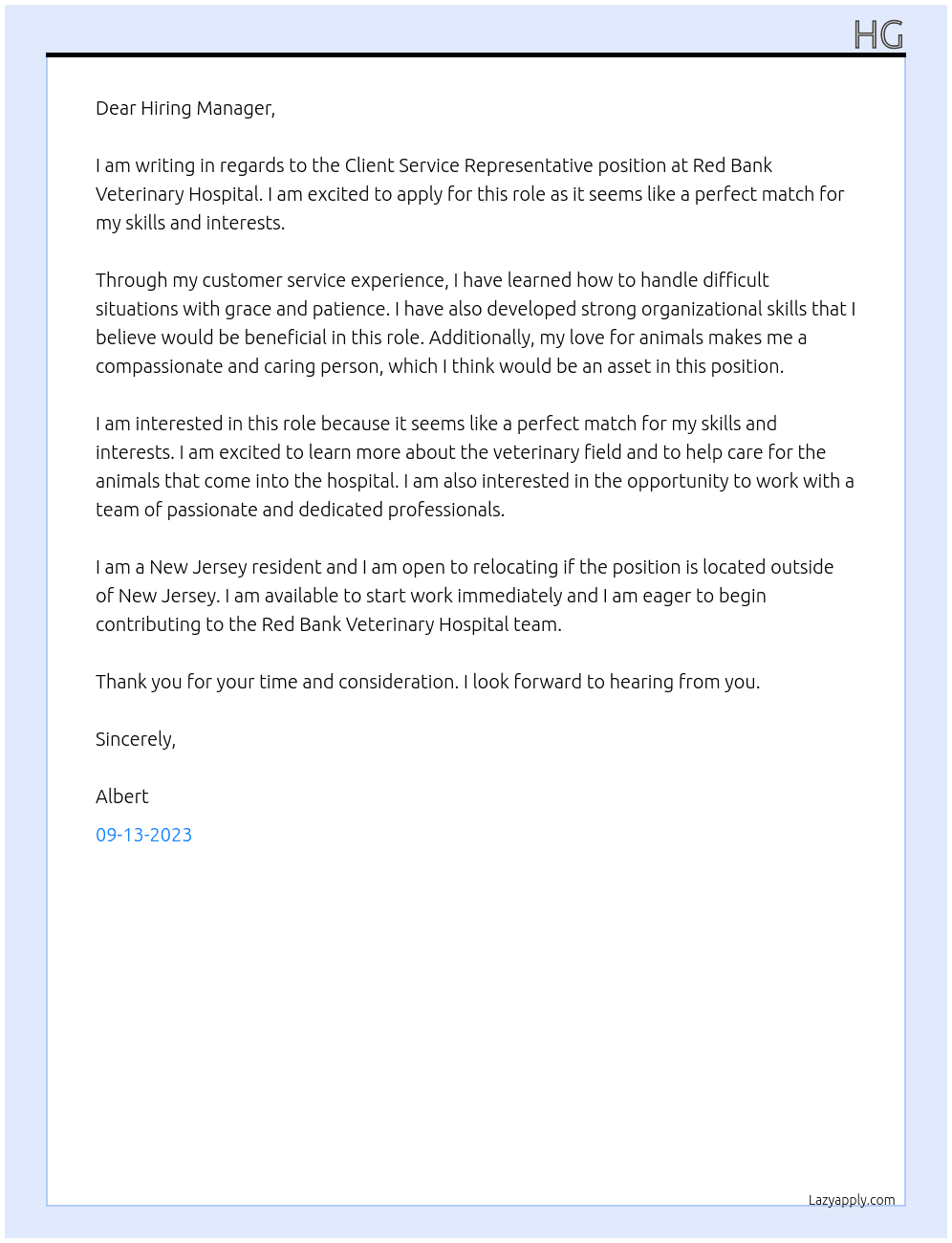 Client Service representative  At Red Bank veterinary hospital Cover Letter