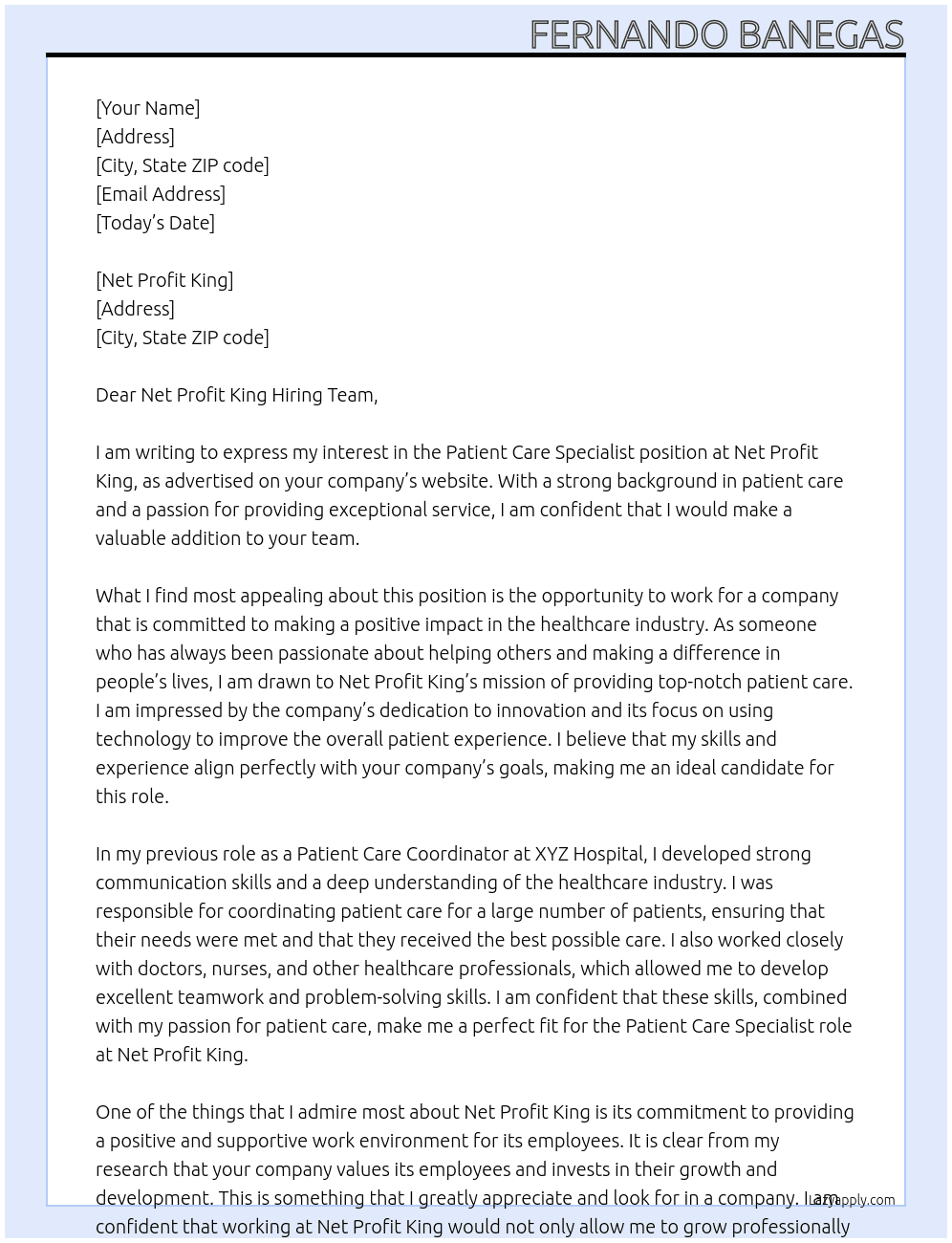 Patient care specialist At Net Profit King Cover Letter