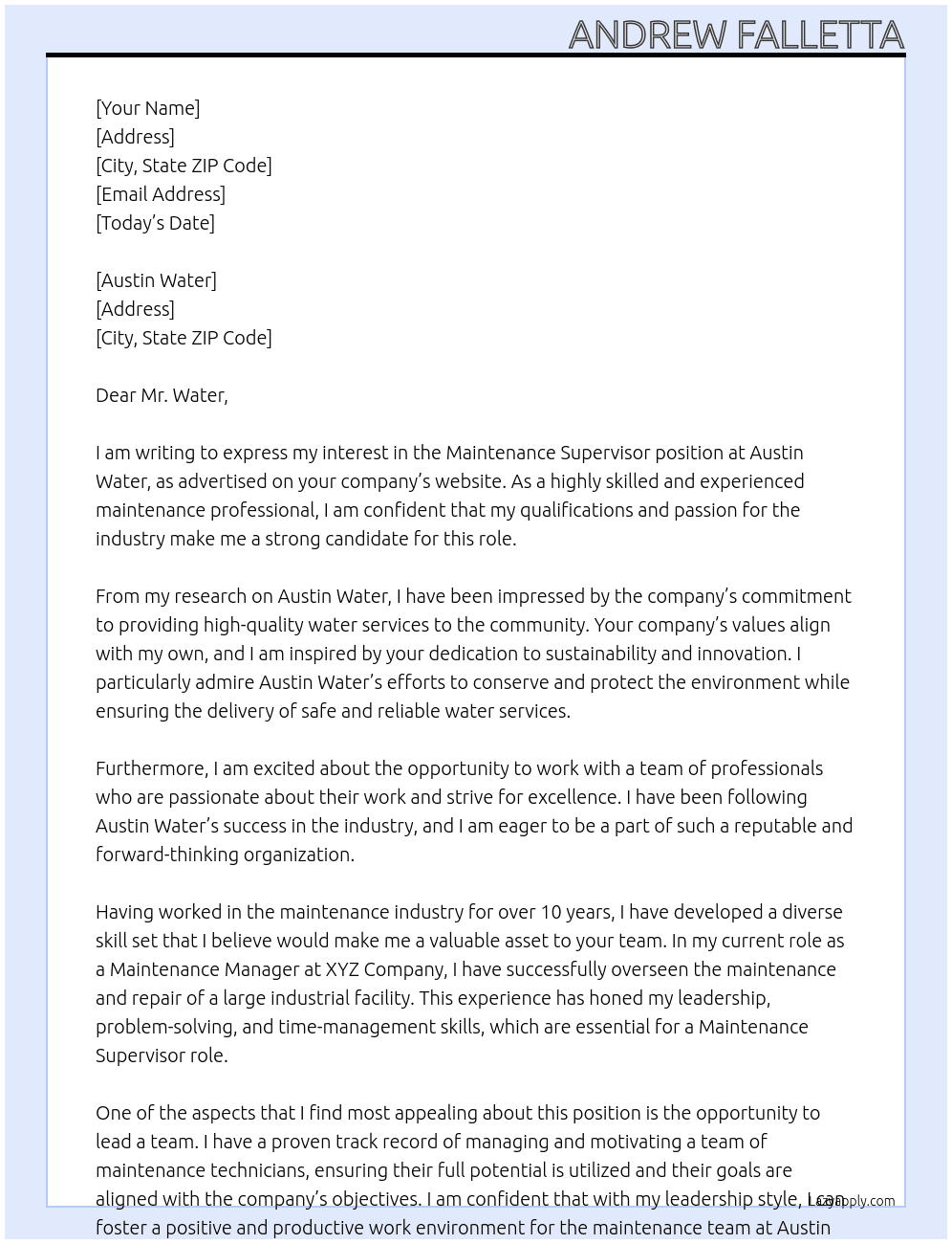Maintenance Supervisor  At Austin Water Cover Letter