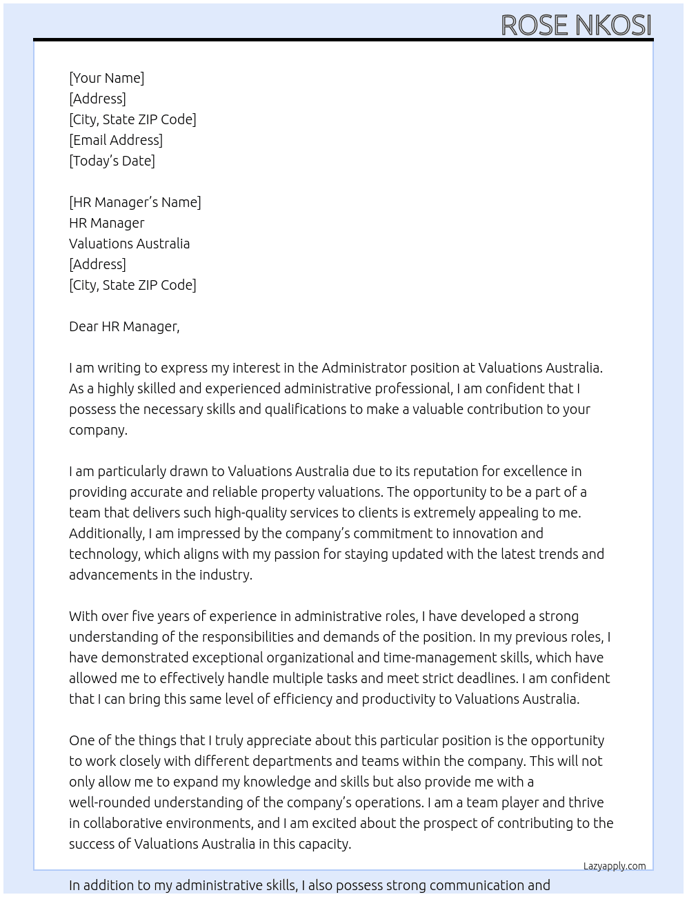 Administrator At Valuations Australia Cover Letter
