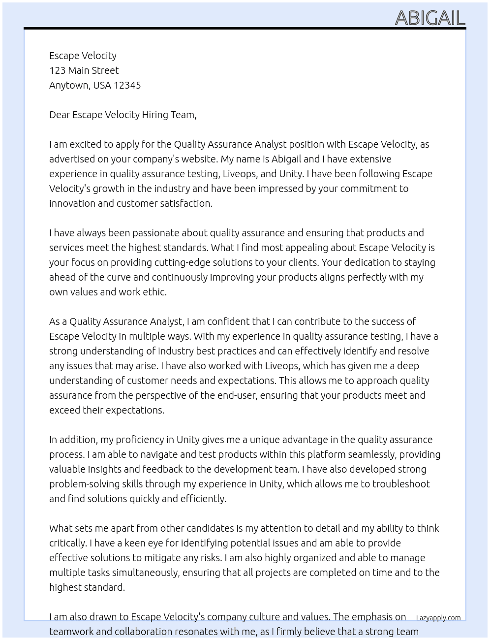 Quality Assurance Analyst At Escape Velocity Cover Letter