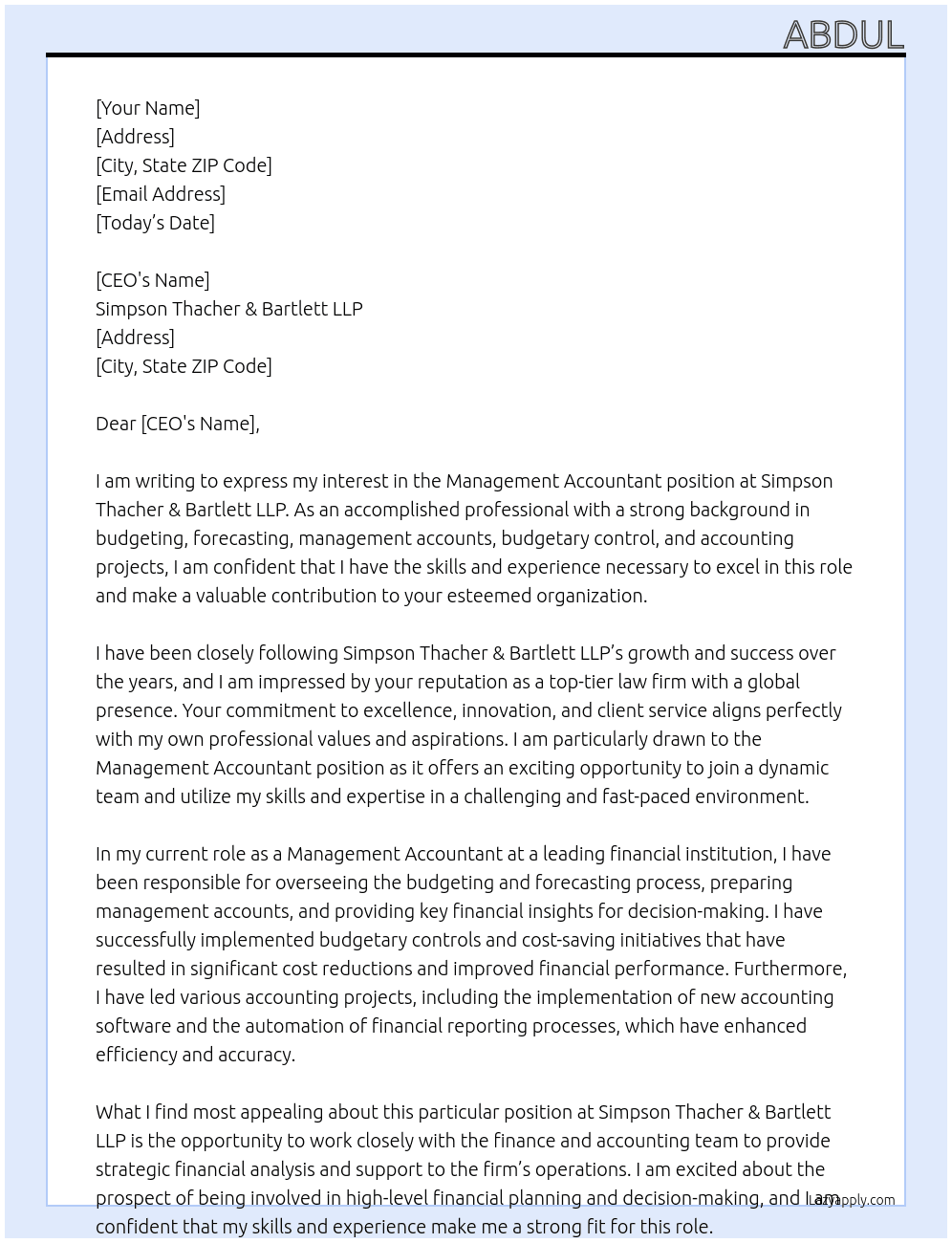 Management Accountant At Simpson Thacher & Bartlett LLP Cover Letter