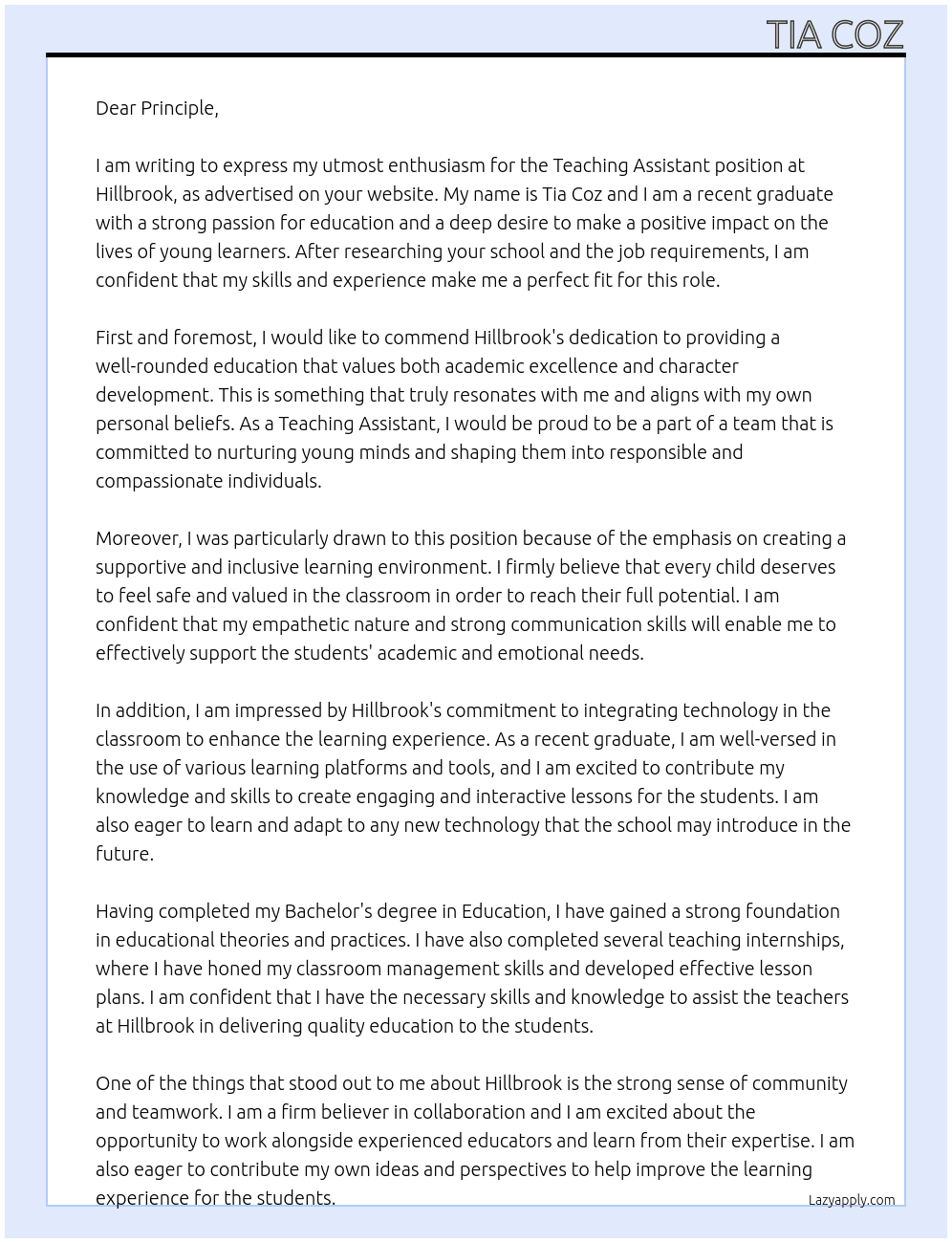 Teaching assistant  At Hillbrook  Cover Letter