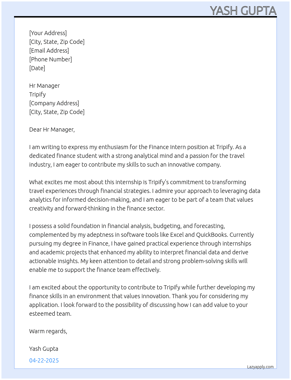 Finance intern At tripify Cover Letter