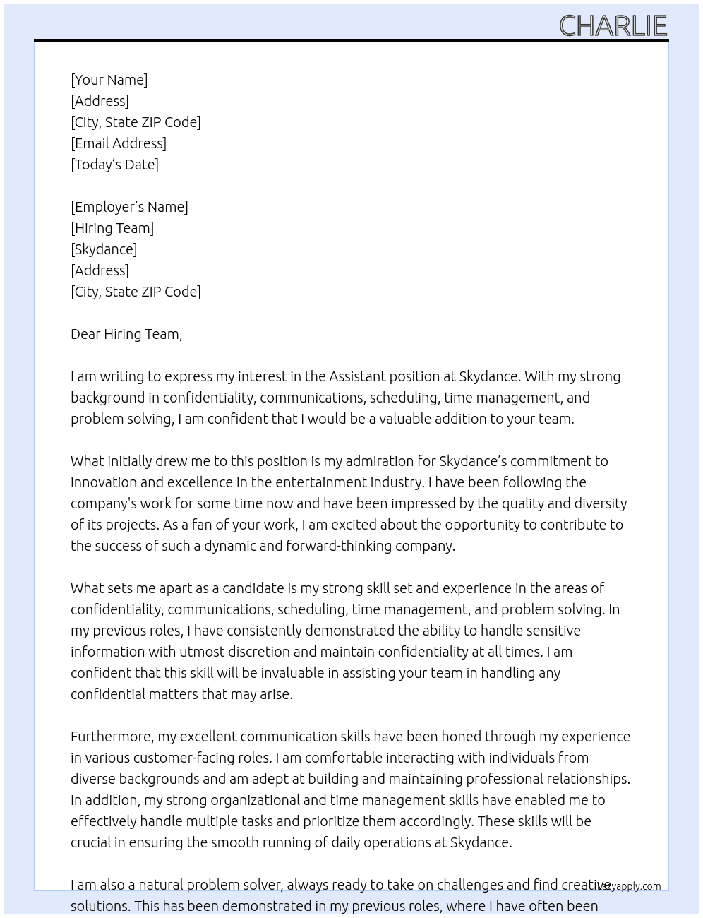 Assistant At Skydance Cover Letter