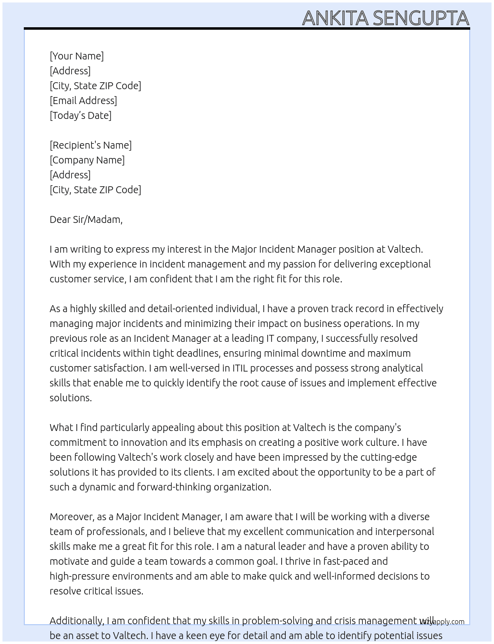 Cover letter for major incident manager - LazyApply