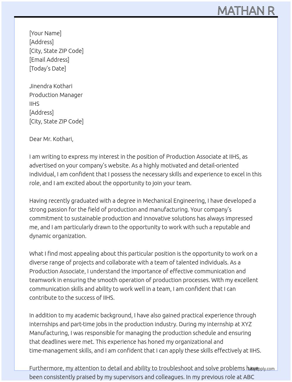 Production Associate  At IIHS Cover Letter