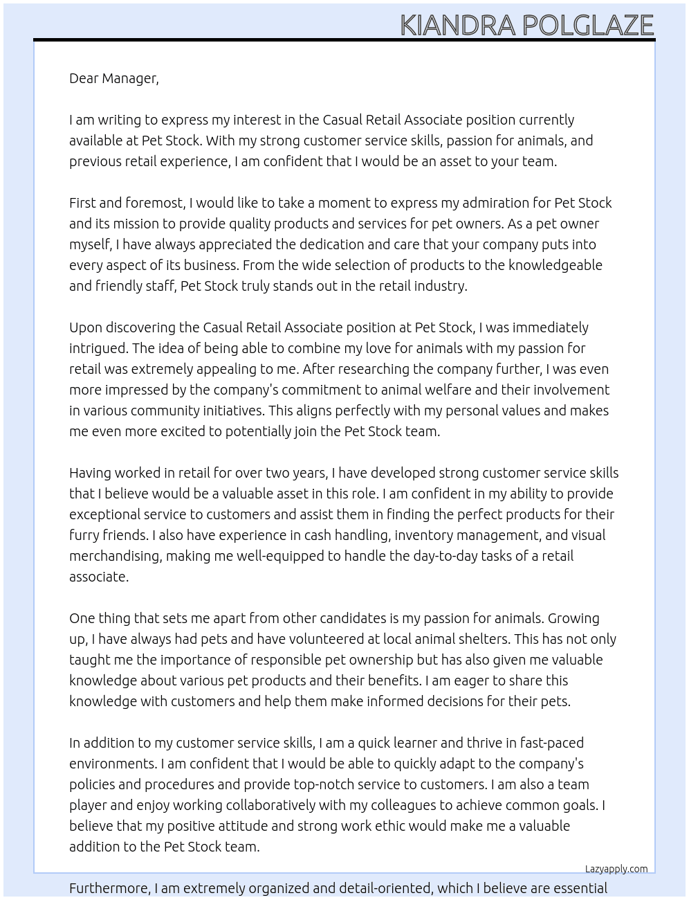Casual retail associate  At Pet stock  Cover Letter