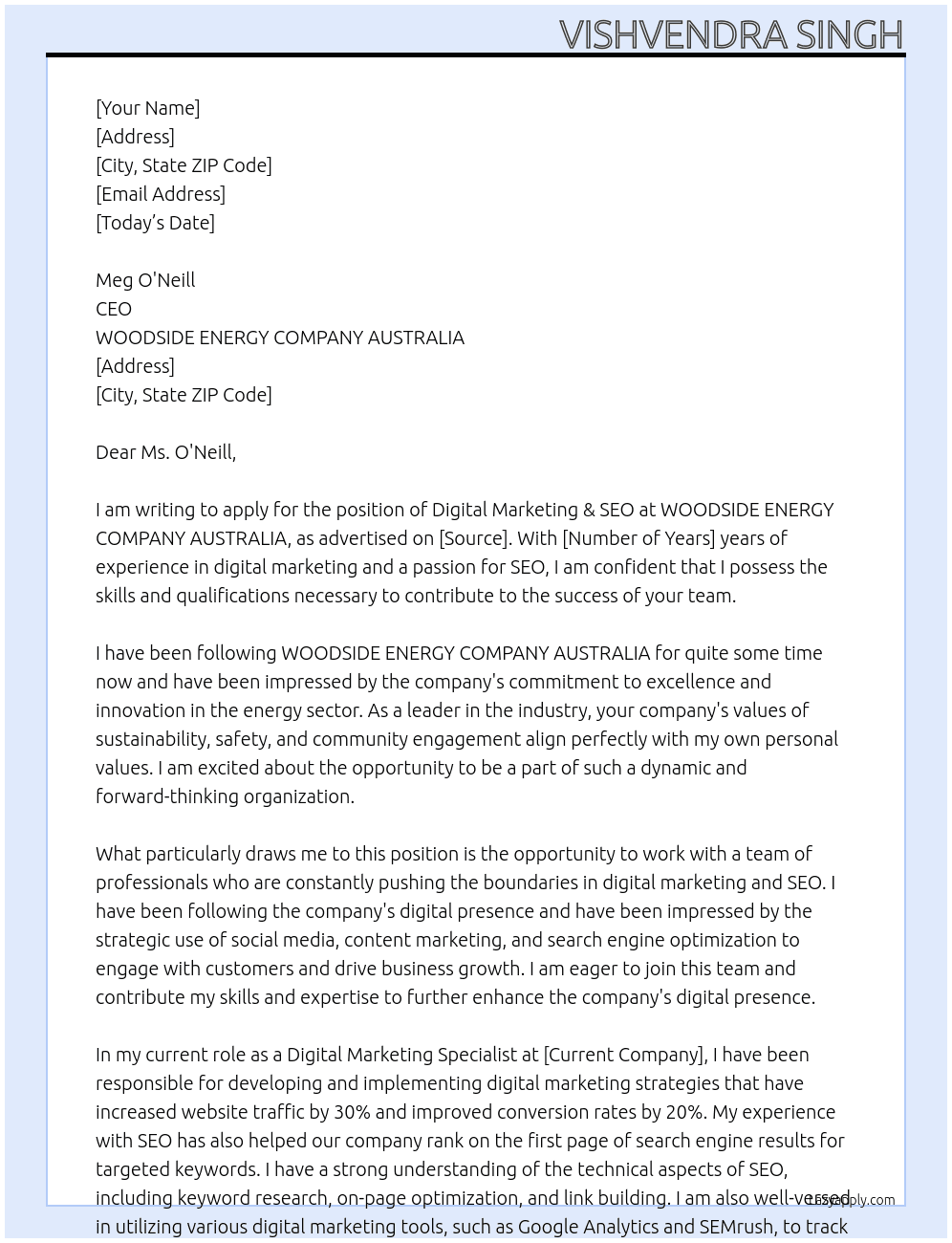 Digital Marketing & SEO At WOODSIDE ENERGY COMPANY AUSTRALIA Cover Letter