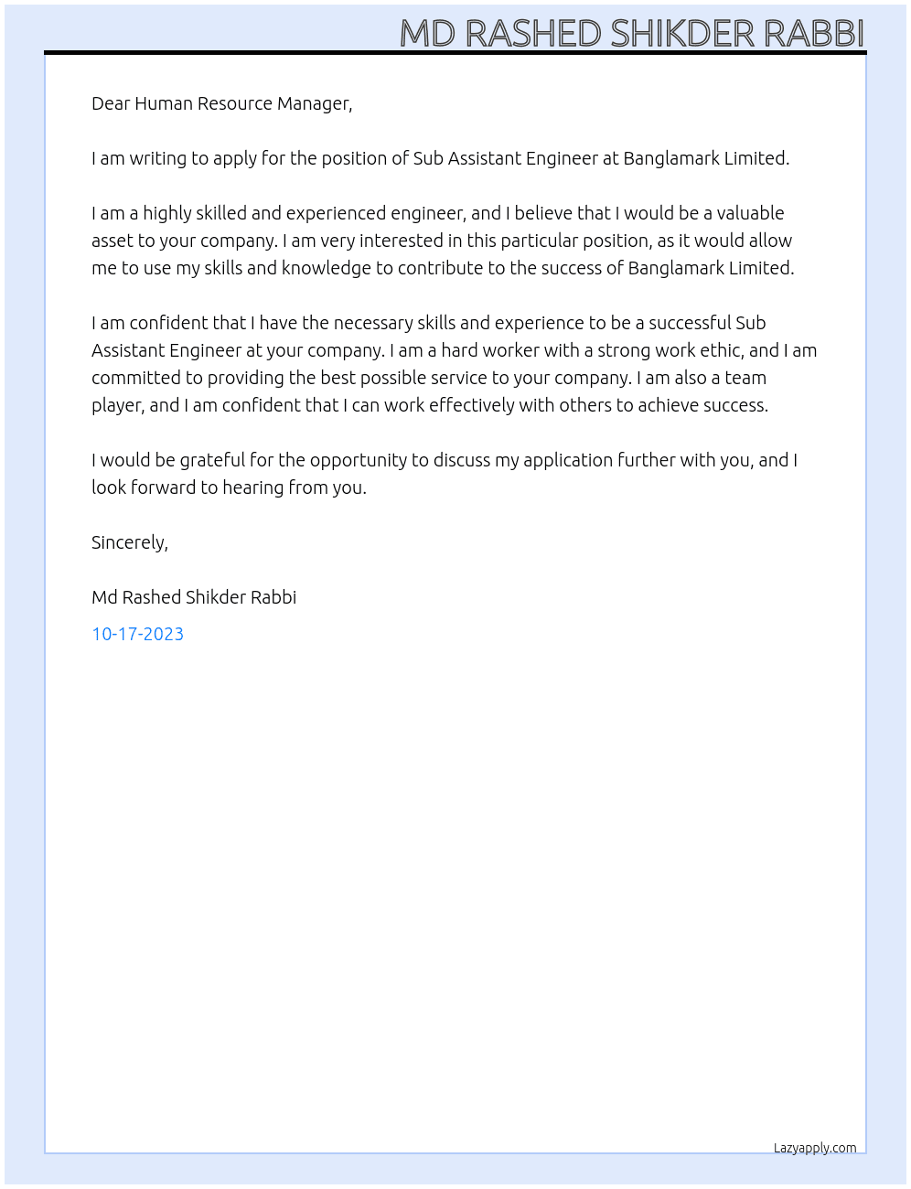 Sub Assistant Engineer At Banglamark limited Cover Letter