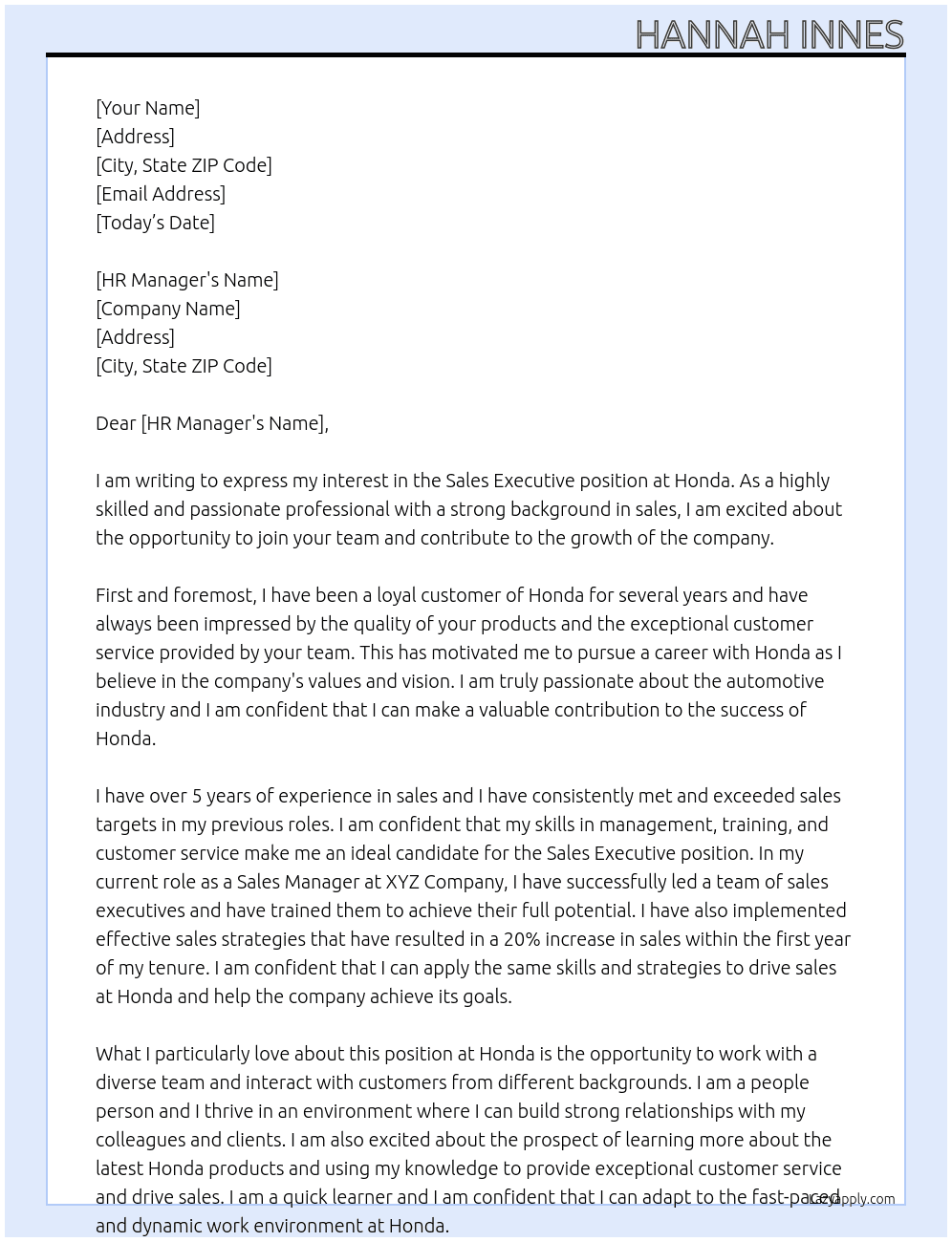 Sales executive  At Honda Cover Letter