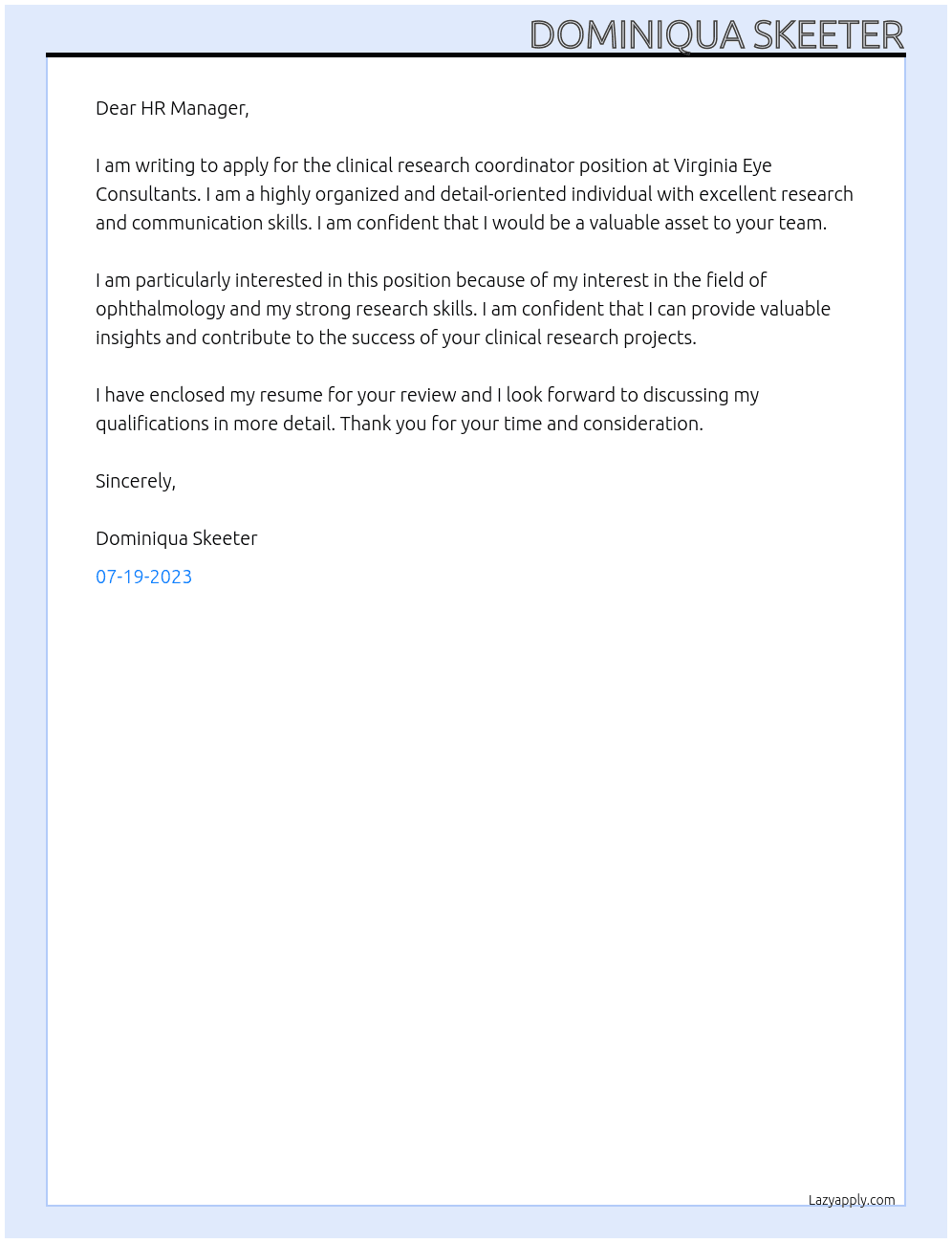 clinical research coordinator At Virginia Eye Consultants Cover Letter