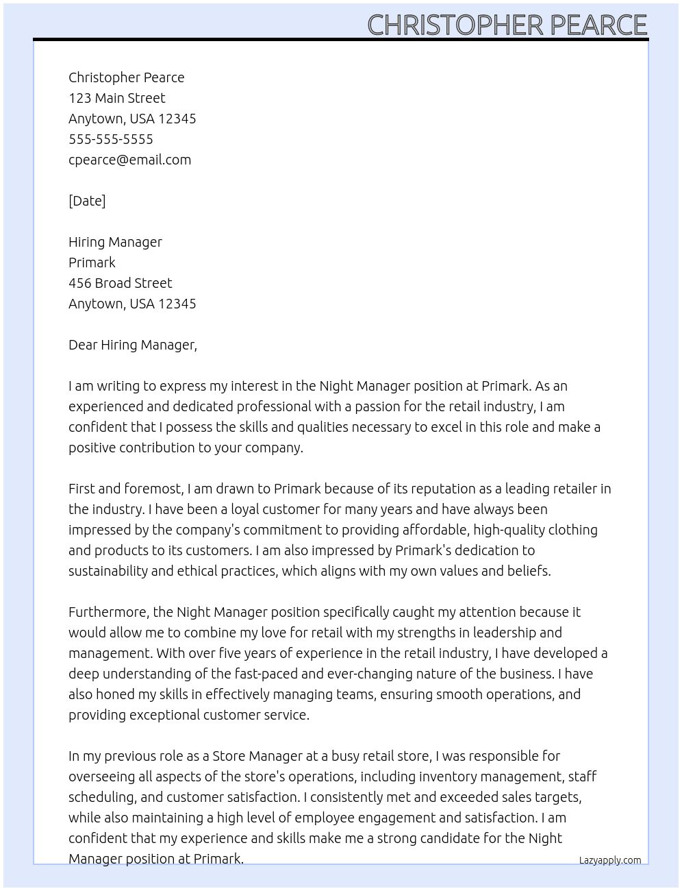 Night manager At Primark Cover Letter