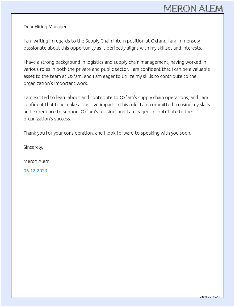 Supply chain intern At Oxfam Cover Letter