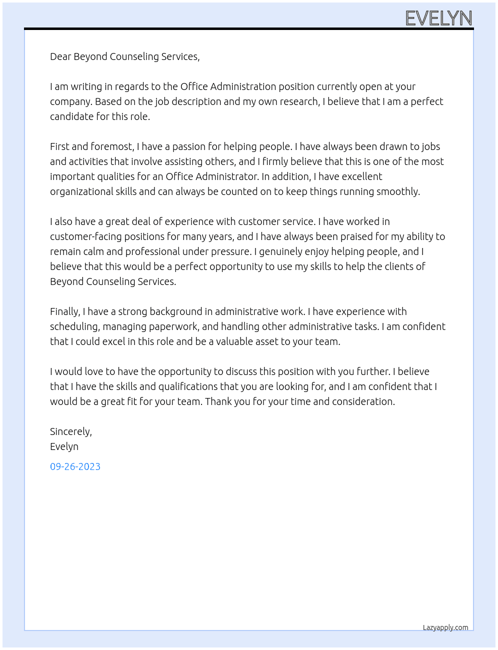 Office Administration At Beyond Counseling Services Cover Letter
