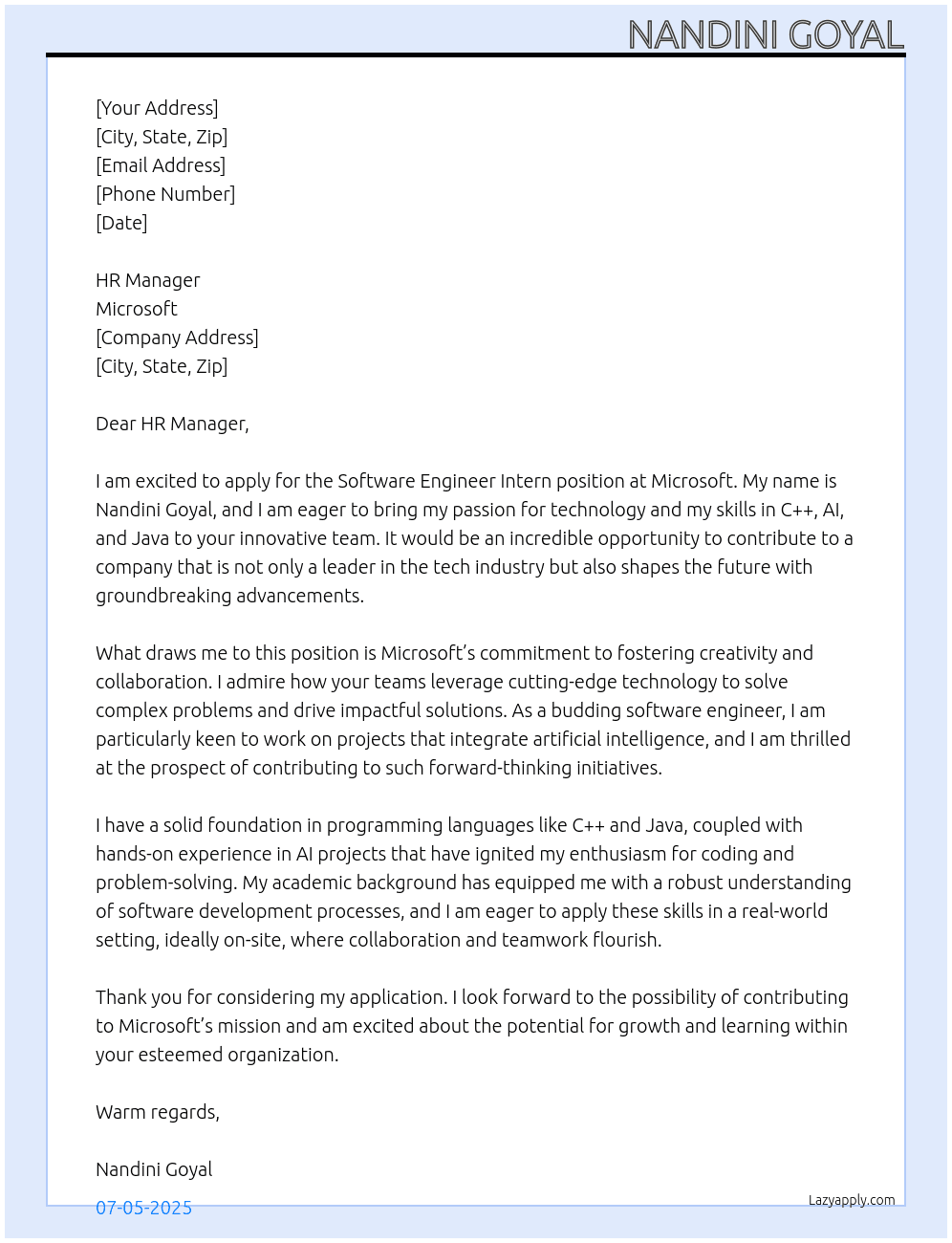 Software Engineer Intern At Microsoft Cover Letter