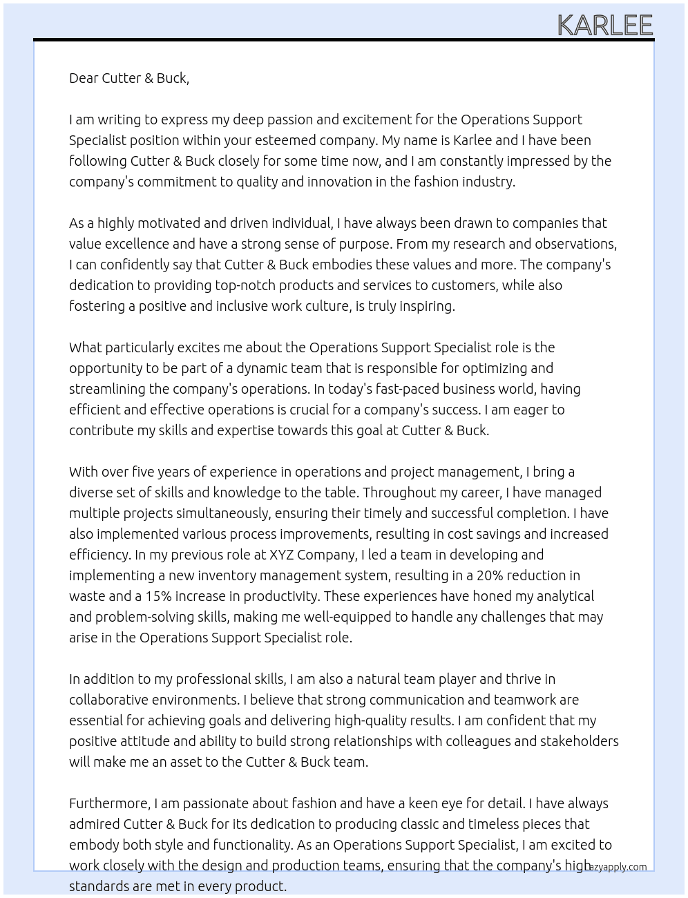 Operations Support Specialist At Cutter & Buck Cover Letter