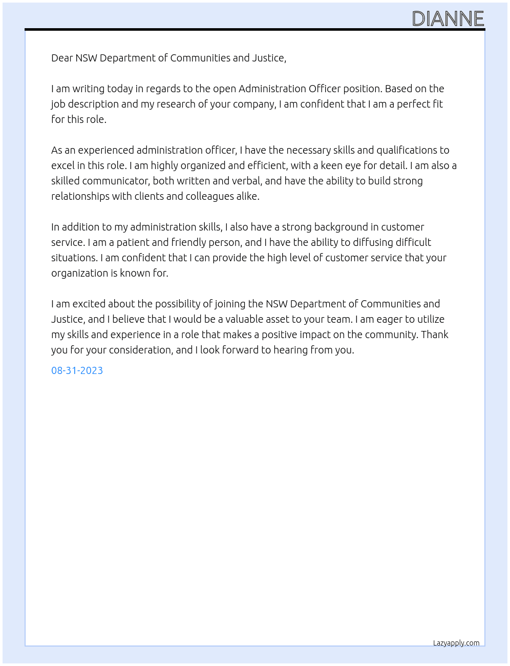 Administration Officer At NSW Department of Communities and Justice Cover Letter