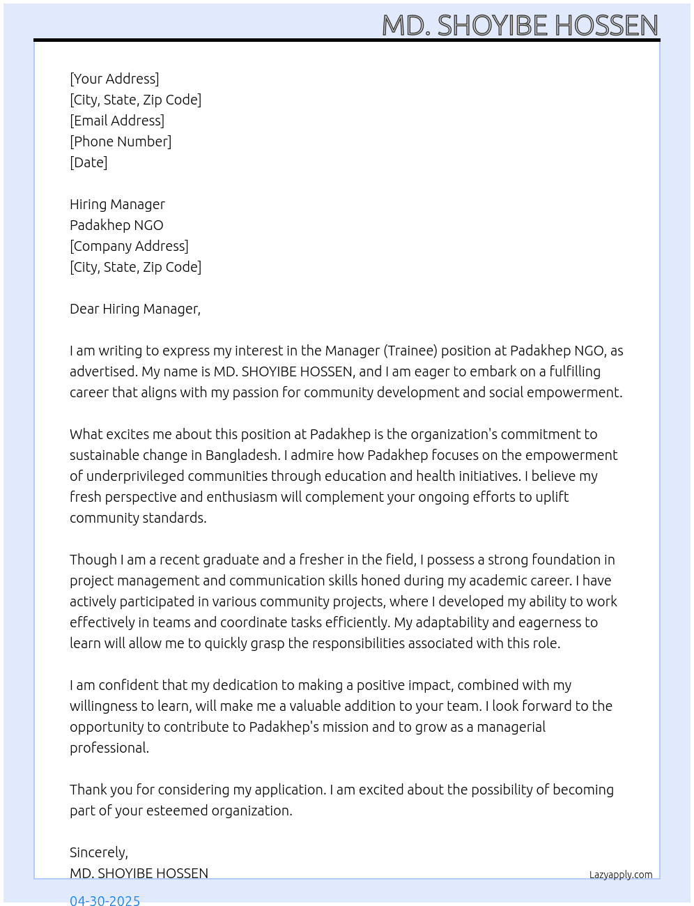 Manager (Trainee) At Padakhep NGO  Cover Letter