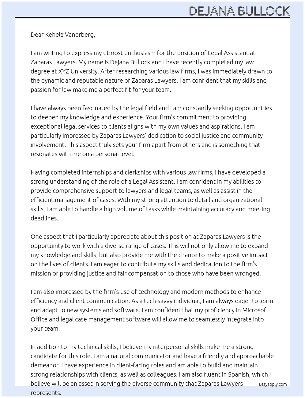 Legal Assistant  At Zaparas Lawyers  Cover Letter
