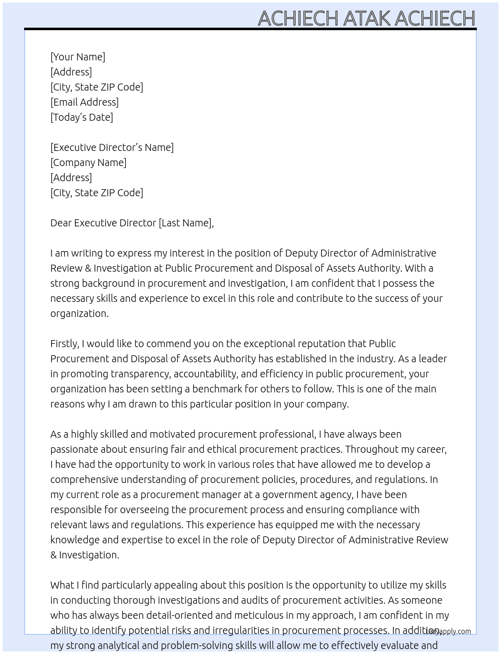 Deputy Director of Administrative Review & Unvestigation At Public Procurement and Disposal of Assets Authority Cover Letter