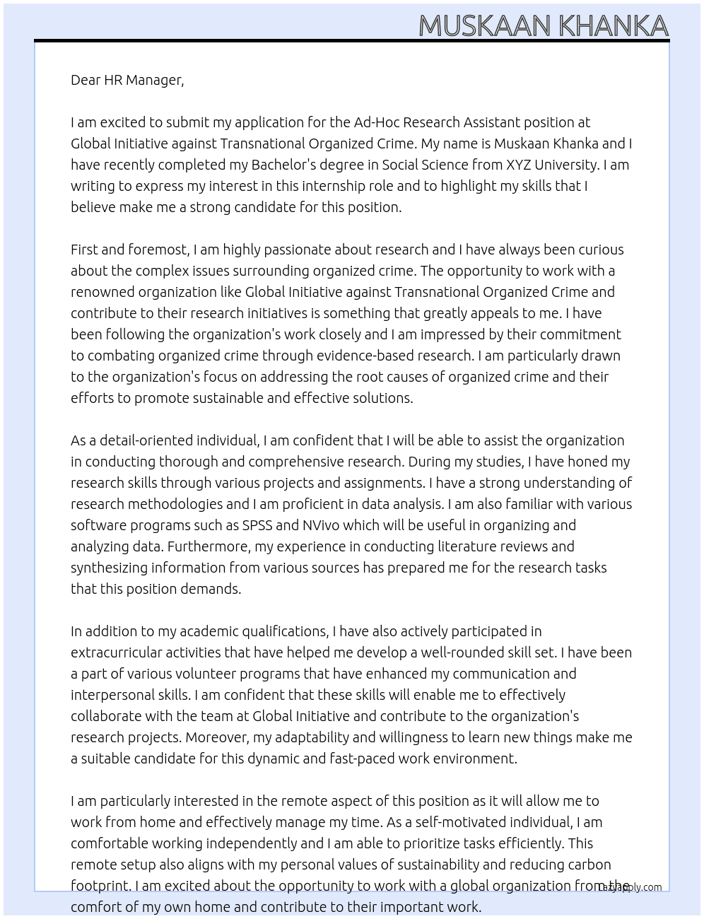 Ad-Hoc Research Assistant At Global Initiative against Transnational Organized Crime Cover Letter